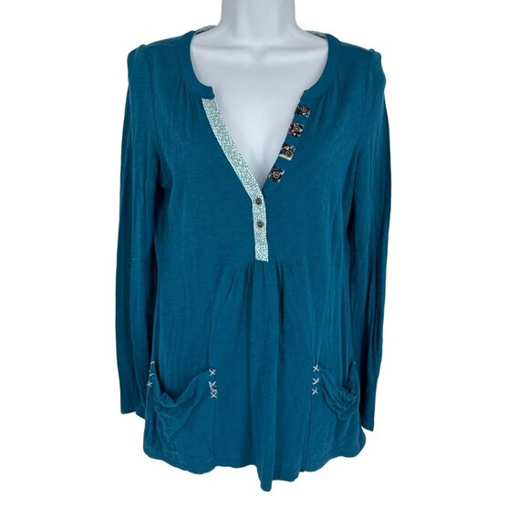 Little Yellow Button Anthropologie Henley Top Teal Blue Calantha Pocket Size S - Picture 1 of 13